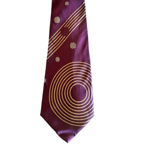 Vintage 100% Silk Geometric Tie – Handmade in Italy – Plum & Gold Pattern - Picture 3 of 4